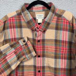 LL Bean Shirt Mens 3XL Red Tan Scotch Plaid Flannel Work Utility Button Rugged